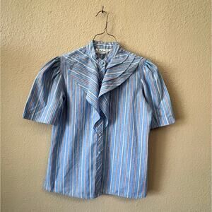 Vintage 80s  Notations blue striped ruffle blouse size 8